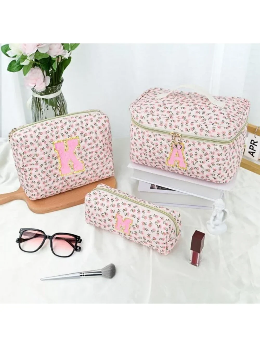 3 PCS Personalized Travel Makeup Bag Set - Quilted Cosmetic Organizer & Toiletry